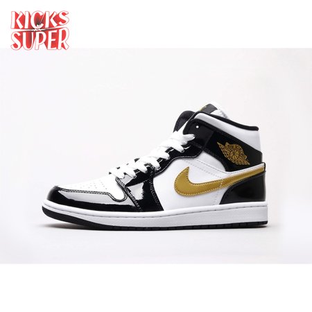 Air Jordan 1 Mid Patent Black White Gold Unisex