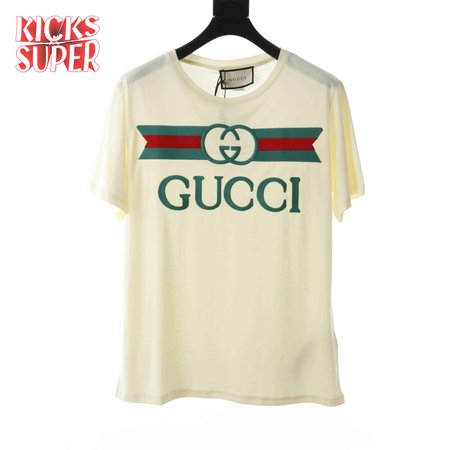 GUCCI EMBROIDERED BELT LOGO SHORT SLEEVE WHITE T SHIRT