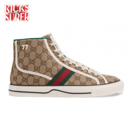 GUCCI TENNIS 1977 HIGH-TOP SNEAKERS IN BEIGE AND EBONY GG CANVAS - GC100